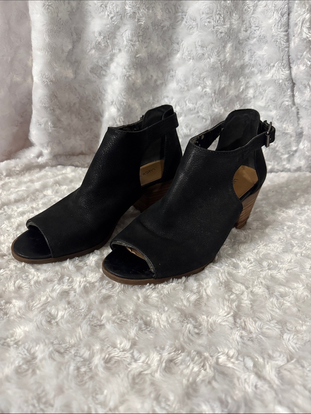 Black Lucky Brand Leather Open-Toe Slingback Mules with Stacked Heel
